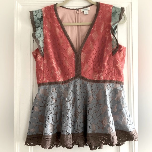Sundance | Lace Peplum Top Vintage Days color block shirt pink/blue blou… - Picture 2 of 10